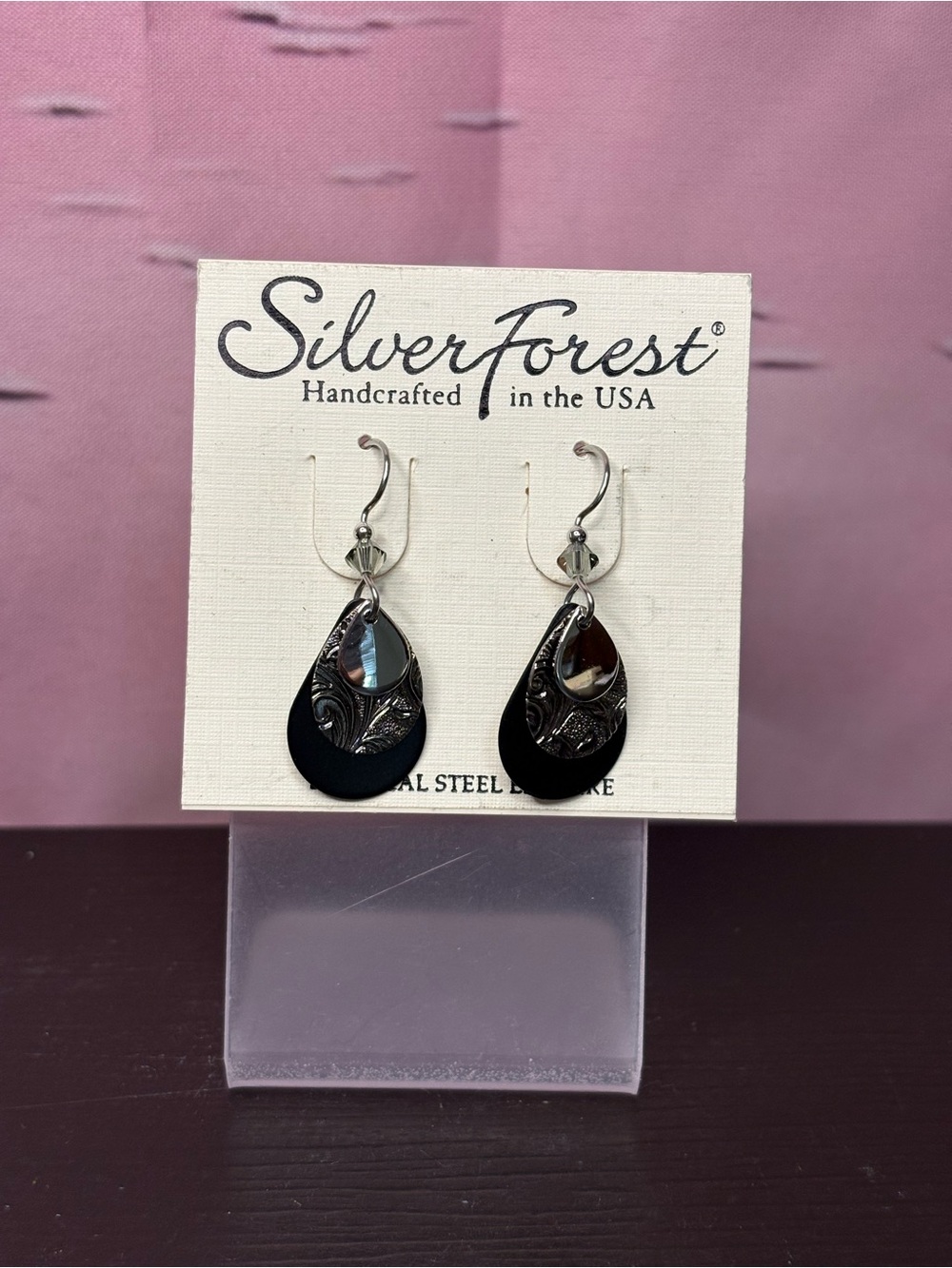 Silver Forest triple layered metal teardrop dangle earrings. New